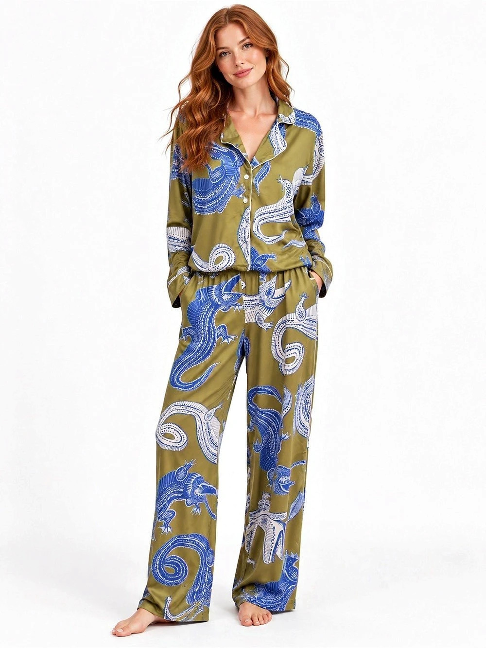 NOLI Alligator Print Pajama Set Olive Blue | Top S Pants M